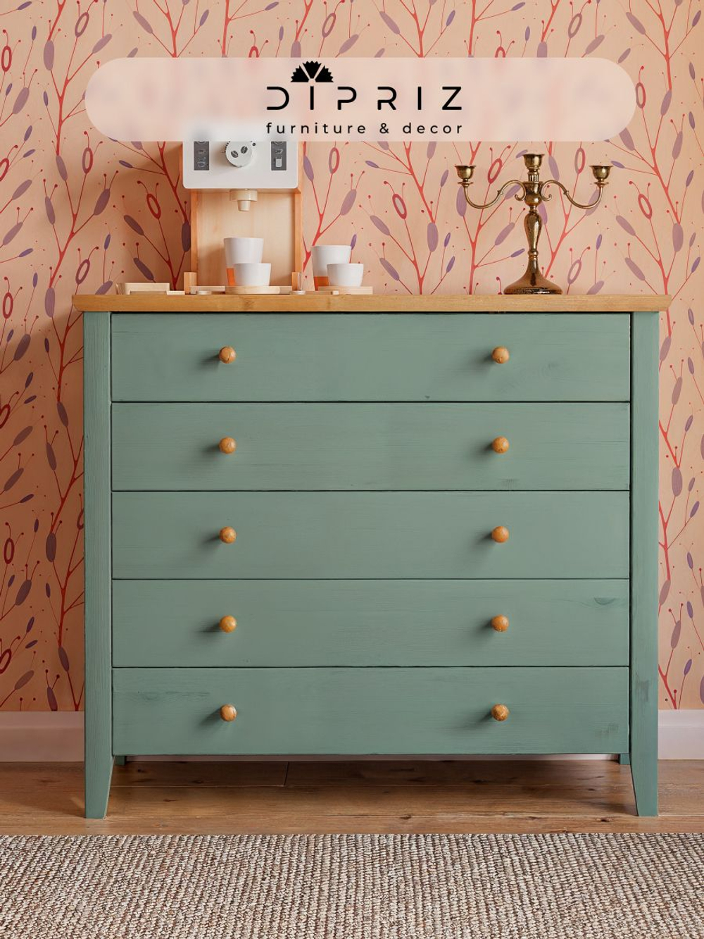 Комод 108х41х98 Саргас, с ящиками для одежды, деревянный, в прихожую, спальню, детскую, массив сосны, зеленый эвкалипт, Dipriz