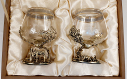 Набор из 2-х бокалов для коньяка "Охота на лося и Охота на кабана" (подарочный футляр)