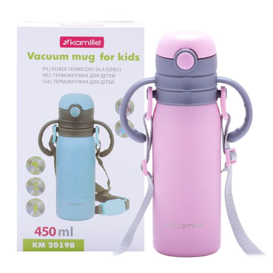 Термос для детей 450 мл. Kamille KM-2019B из нержавеющей стали с ремешком или двумя ручками