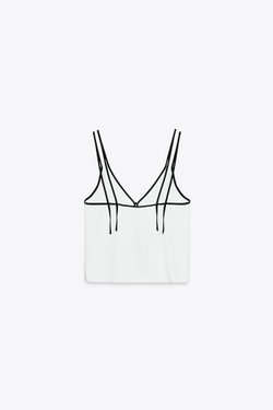 ZARA ТОП В БЕЛЬЕВОМ СТИЛЕ С КОНТРАСТНОЙ ОТДЕЛКОЙ, ЖЕЛТОВАТО-БЕЛЫЙ