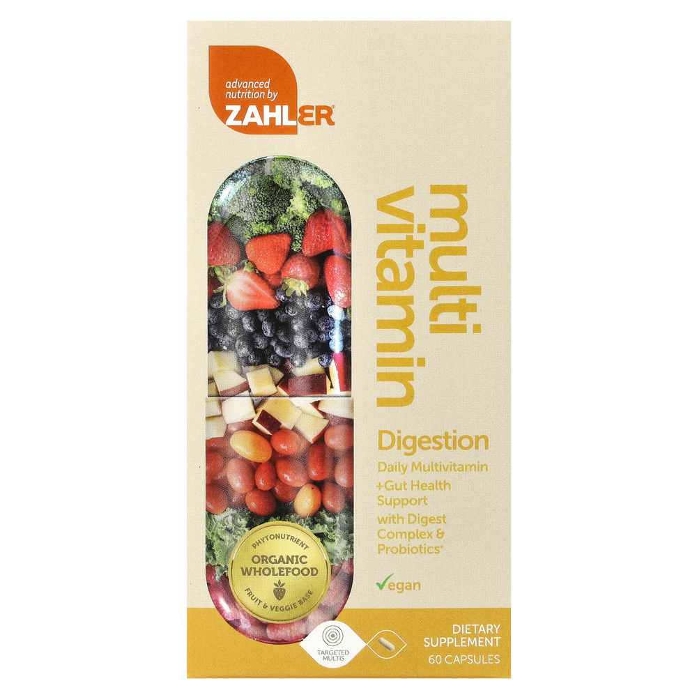 Zahler, Multivitamin Digestion, мультивитаминная добавка для здоровья кишечника, с комплексом для улучшения пищеварения и пробиотиками, 60 капсул