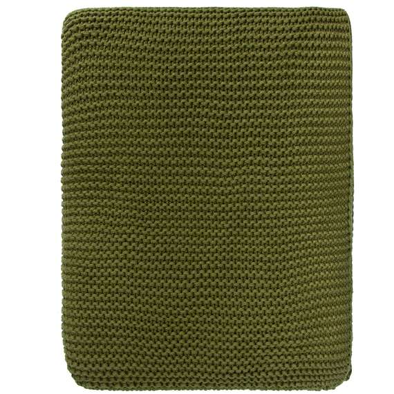 Плед из хлопка жемчужной вязки оливкового цвета Essential, 130х180 см