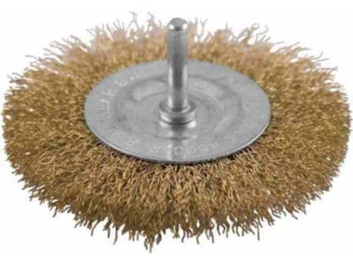 Корщетка дисковая прямая со шпилькой стальная латунированная волнистая проволока 75мм