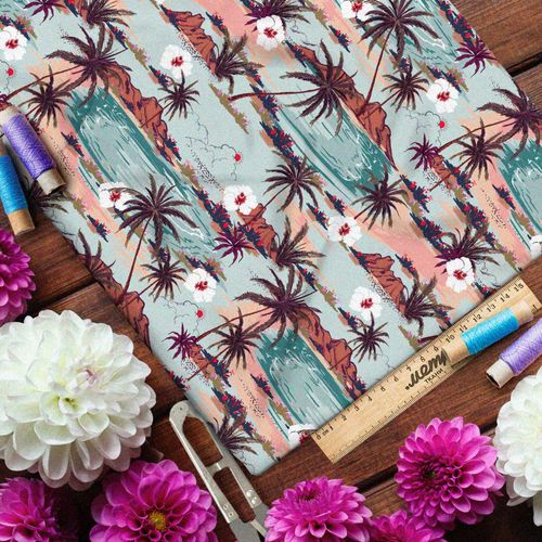 Ткань сатин коричневые пальмы и оазисы с цветами