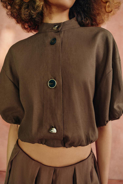 ZARA РУБАШКА ИЗ СМЕСОВОГО ЛЬНА, СЕРОВАТО-КОРИЧНЕВЫЙ