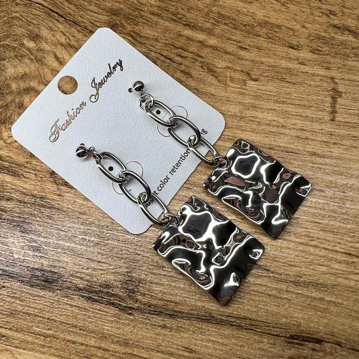 Серьги "Цепи" овальные 3 звена с подвеской прямоугольник металл серебристый