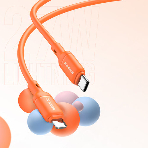 Силиконовый кабель оранжевого цвета с USB-C на Lightning, быстрая зарядка 27W, длина 100см (1м), серия SILI Series от Dux Ducis