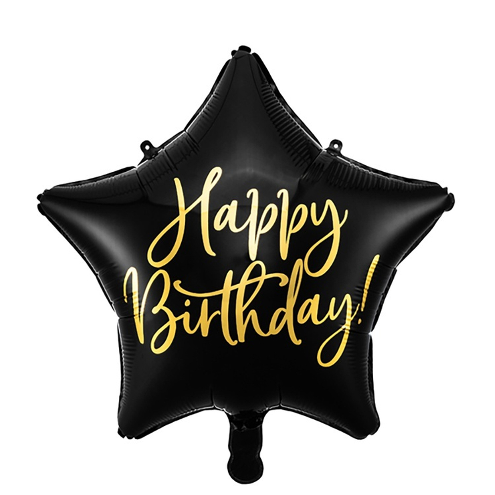 звезда с гелием черного цвета с золотой надписью Happy Birthday