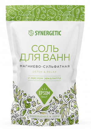 Соль для ванн, магниево-сульфатная, с маслом эвкалипта Synergetic, 1 кг