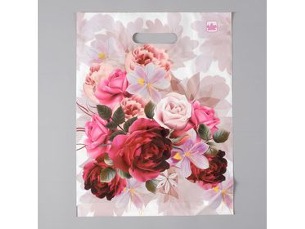 Пакет с вырубной ручкой Малахит 31*40см 60мк Пионы на бежевом (50шт/уп)
