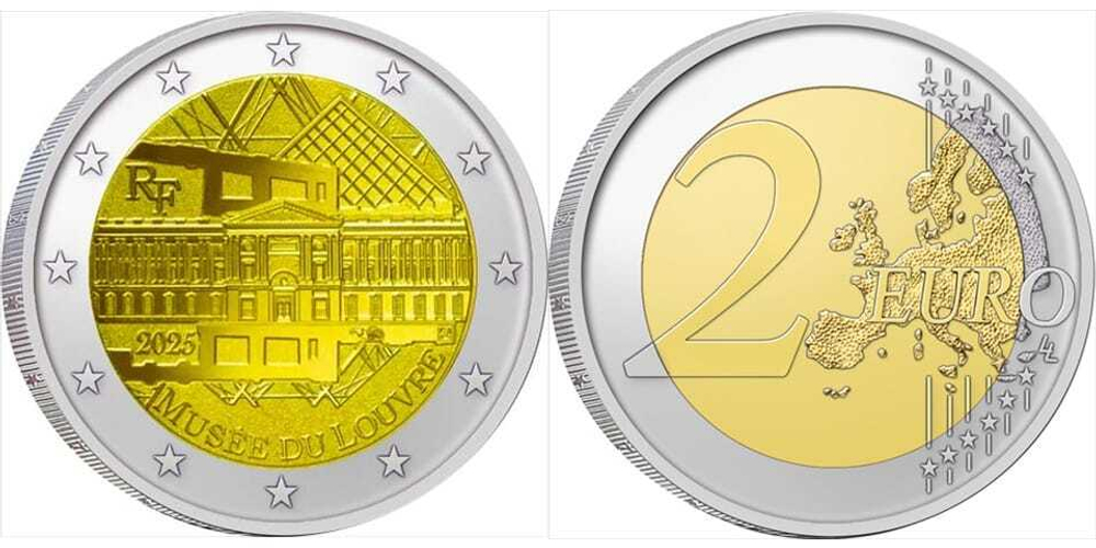 Франция 2 евро 2025 Лувр, одна монета в карточке