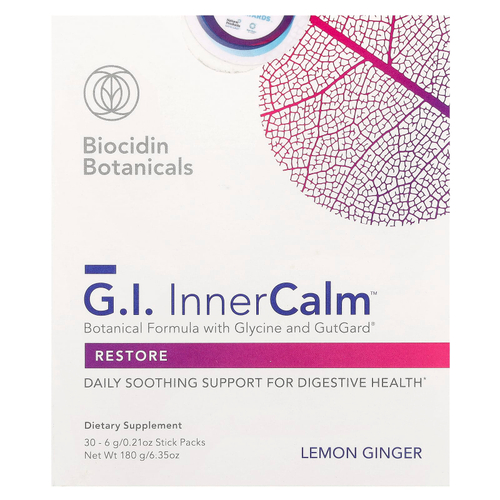 Biocidin Botanicals, G.I. Inner Calm™, лимон и имбирь, 30 стик-пакетов по 6 г (0,21 унции)