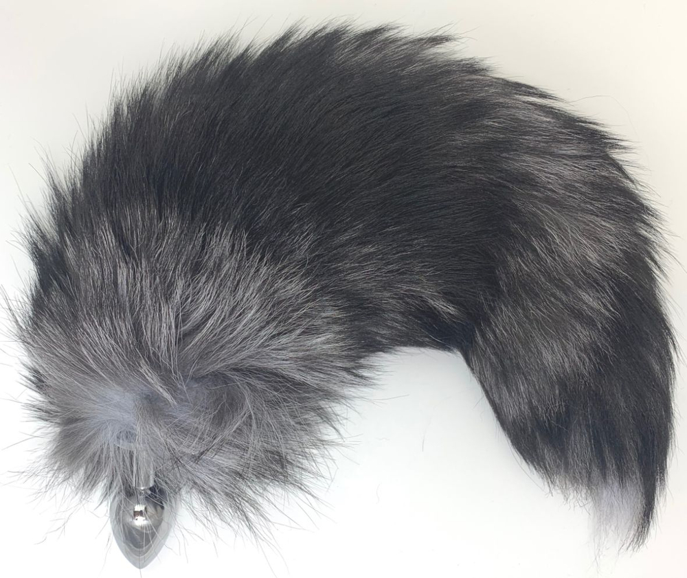 Серебристая анальная пробка с черно-голубым хвостом (Цвет: серебристый)