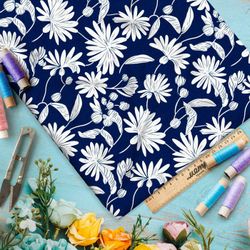 Ткань премиум Оксфорд 600D белые цветы на темно-синем