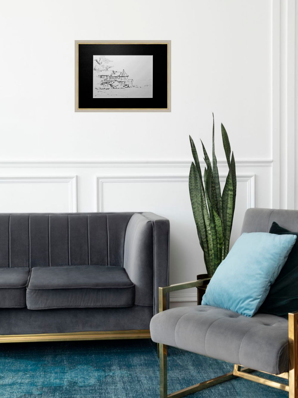 Картина, графика в паспарту 21х30 см на стену для интерьера "Хижины на сваях"