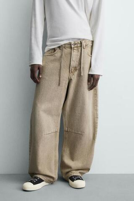 ZARA БРЮКИ BARREL FIT С ЭФФЕКТОМ ПОТЕРТОСТИ, ПЕСОЧНЫЙ