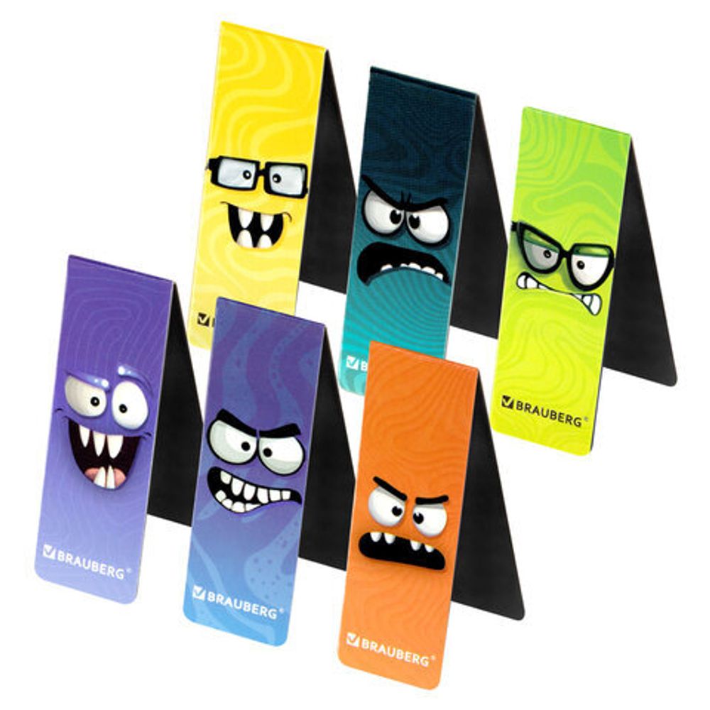 Закладки для книг МАГНИТНЫЕ, "МОНСТРИКИ", набор 6 штук, 60x20 мм, BRAUBERG, 116995