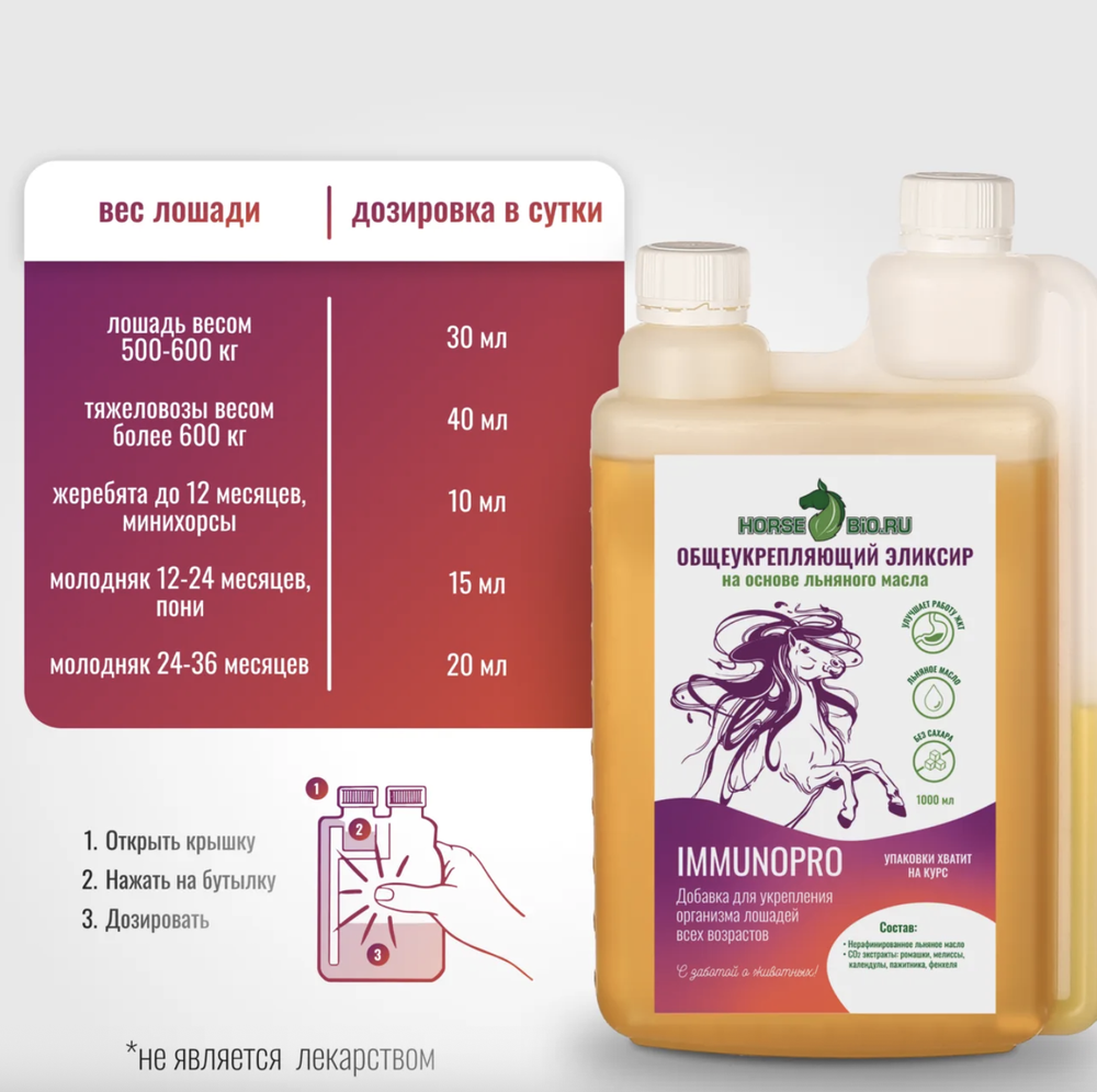 Эликсир ОБЩЕУКРЕПЛЯЮЩИЙ ImmunoPro на основе льняного масла для лошадей Horse-Bio, 1000 мл