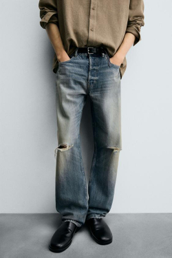 ZARA ДЖИНСЫ ПРЯМОГО КРОЯ STANDARD FIT С РАЗРЕЗАМИ, ВЫЦВЕТШИЙ СИНИЙ