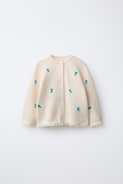 ZARA КАРДИГАН С ВЫШИВКОЙ В ВИДЕ ЦВЕТОВ И КРУЖЕВОМ, ЭКРЮ