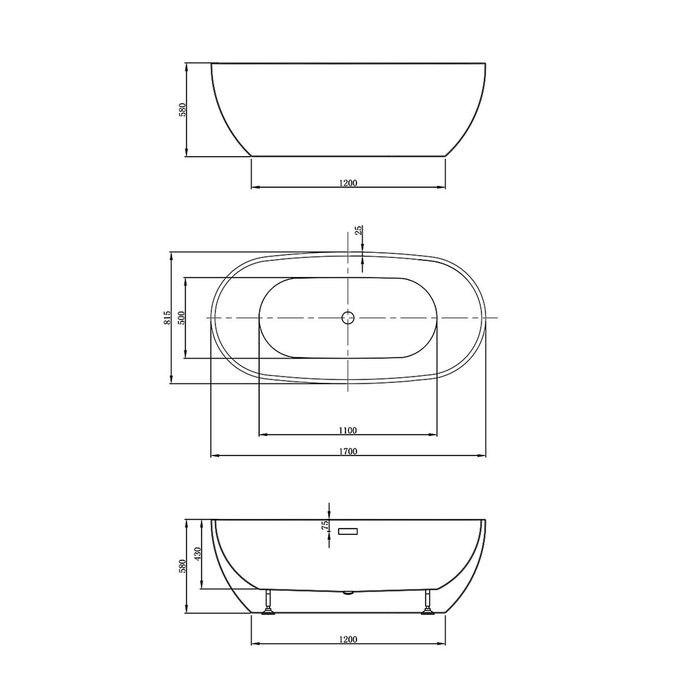 Ванна акриловая Vincea VBT-408-1700 1700*815*580, цвет белый, щелевой перелив, слив хром