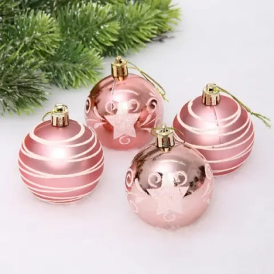 Новогодние шары 6 см (набор 4 шт) «Снежная дымка», Розовое золото