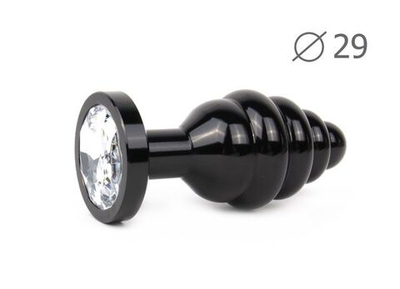 Коническая ребристая черная анальная втулка с прозрачным кристаллом - 7,1 см. (Цвет: прозрачный)