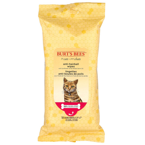 Burt's Bees, салфетки против комков шерсти, с подсолнечным маслом и маслом из ростков пшеницы, для кошек, 50 шт.
