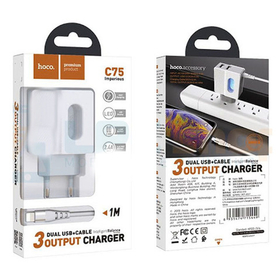 Сетевое зарядное устройство USB Hoco С75 ( 2,4A, 2 порта, кабель Lightning ) Белый