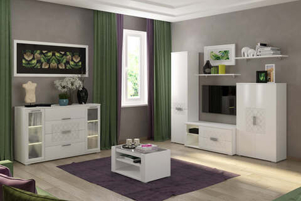 Комод-витрина Тиффани, белый поры дерева, ЛДСП, МДФ, шариковые направляющие