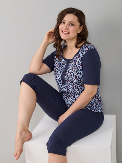 Пижама с бриджами КД-063/синий-листочки