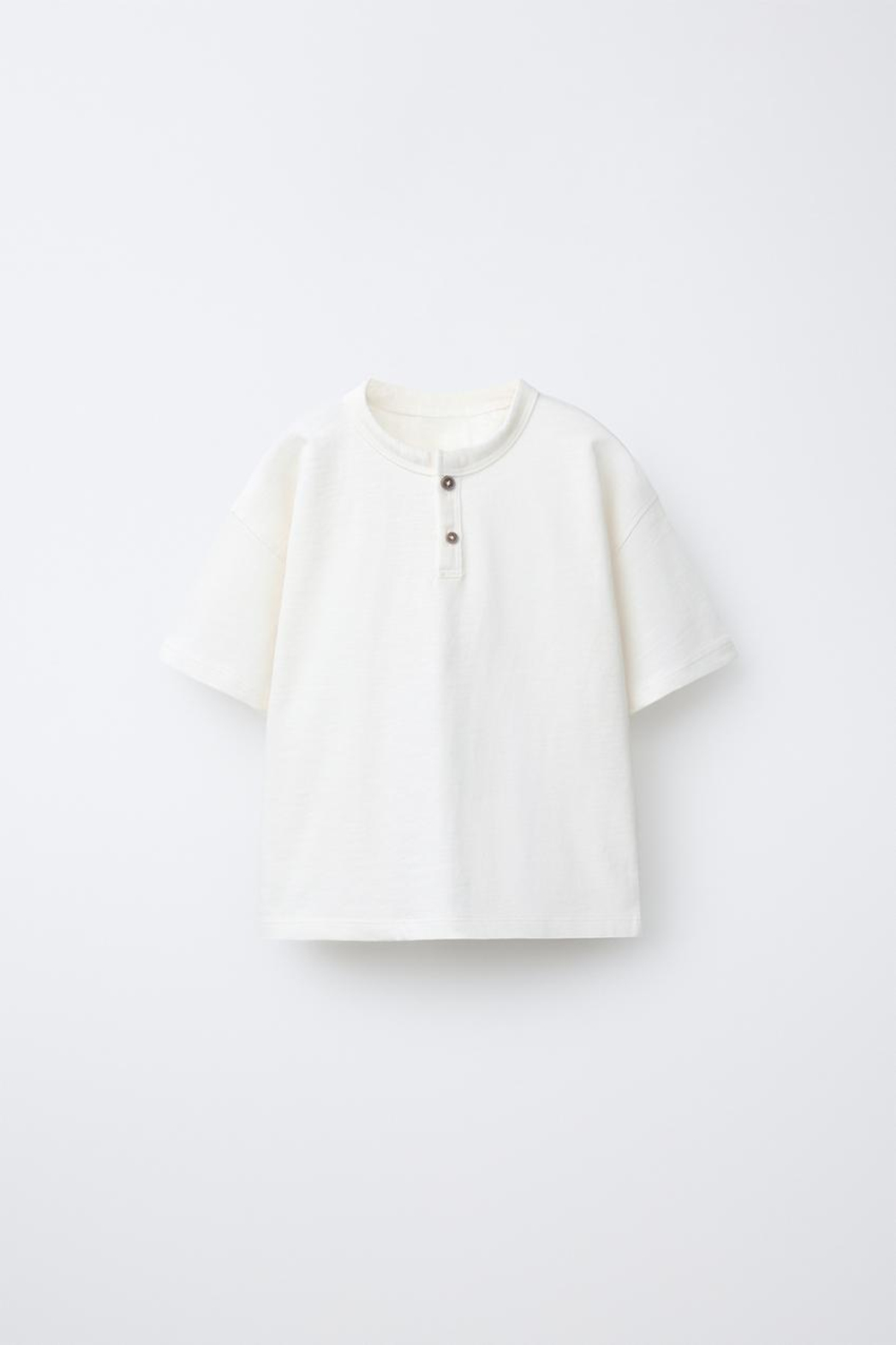 ZARA БАЗОВАЯ ФУТБОЛКА С ПУГОВИЦАМИ, ЭКРЮ