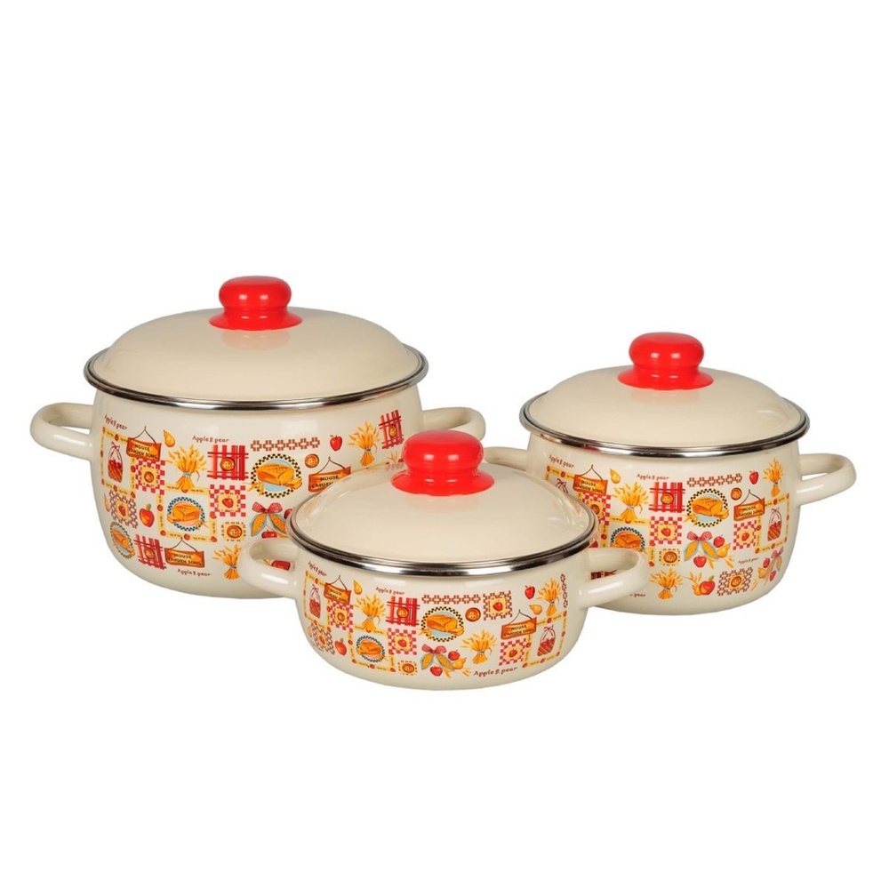 Набор эмалированной посуды 6 пр, кастрюли 2,3,4 л, СтальЭмаль, Садовая песня, 1KA021S, сл кость