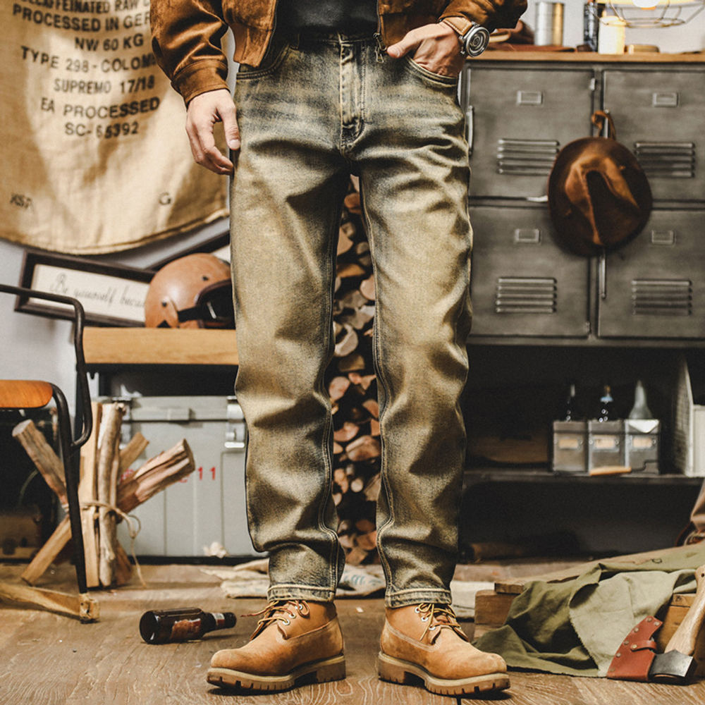 Джинсы мужские в американском стиле желтая ретро потертость