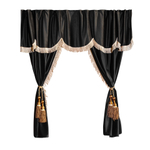 Шторы спального места с ламбрекеном и прихватами "Кисти" в кабину Volvo, Scania, MAN, DAF, Merc, Камаз, Sitrak, Shacman, Foton, FAW. Высота 1,5м, ширина одной стороны - 1,15м. Блэкаут, велюр. Черный цвет с бежевой бахромой и коричневыми кистями