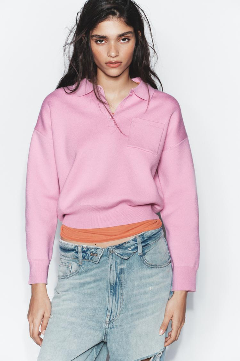 ZARA ПОЛО ИЗ ТРИКОТАЖА С КАРМАНОМ, ПАСТЕЛЬНО-РОЗОВЫЙ