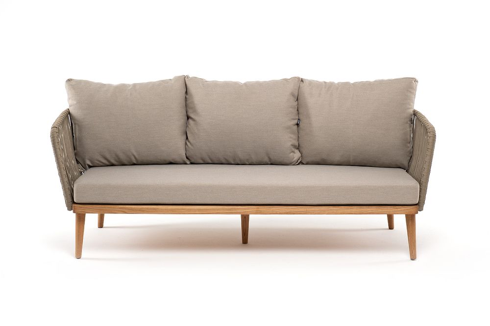 "Мальорка" диван 3-местный плетеный из роупа, основание дуб, роуп серо-коричневый 23мм, ткань бежевая 15052