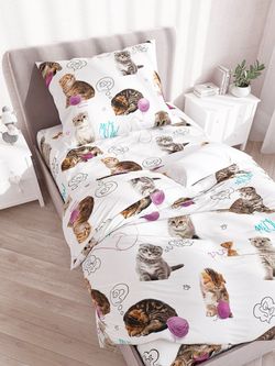 Постельное белье Сказка "Пушистики" 1,5-сп Наволочка 50х70 см 1 шт Простынь на резинке 90х200 см Пододеяльник 145х205 см, перкаль