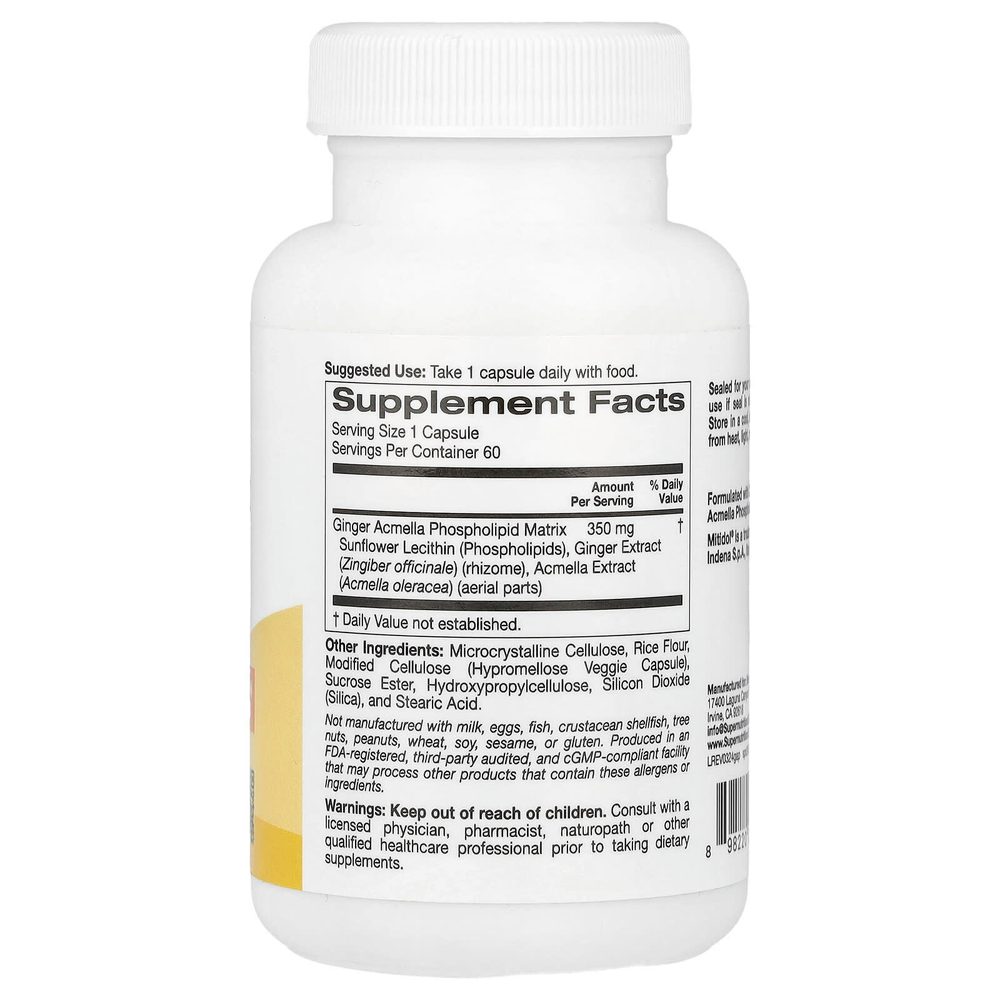 Super Nutrition, фосфолипидный комплекс имбиря и акмеллы с экстрактом имбиря и экстрактом акмеллы, 60 растительных капсул