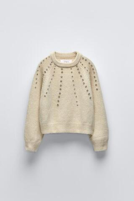 ZARA СВИТЕР С БЛЕСТЯЩЕЙ ОТДЕЛКОЙ, БЕЖЕВЫЙ