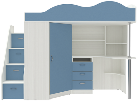 Кровать-чердак КарИВи Пионер Белое Дерево Светло-синий, голубой
