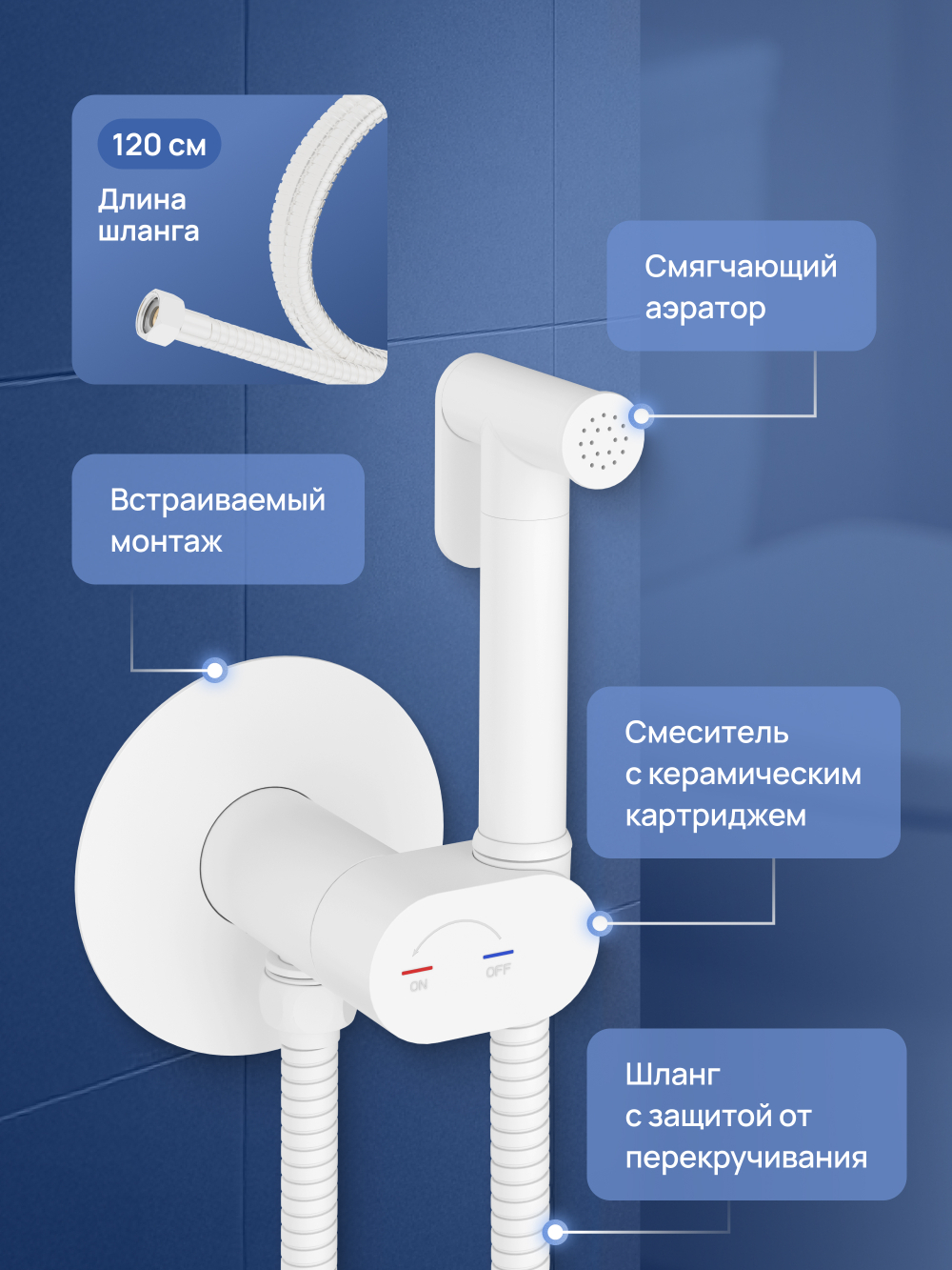 Гигиенический душ STWORKI Вестерос S26150WH со смесителем, С ВНУТРЕННЕЙ ЧАСТЬЮ, матовый белый