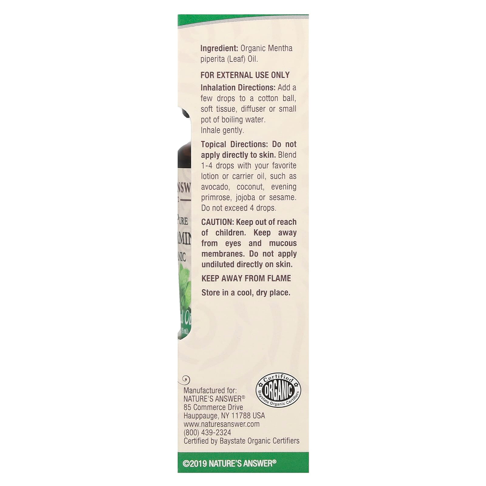Nature's Answer, Органическое эфирное масло, 100% чистая перечная мята, 0.5 ж. унц. (15 мл)