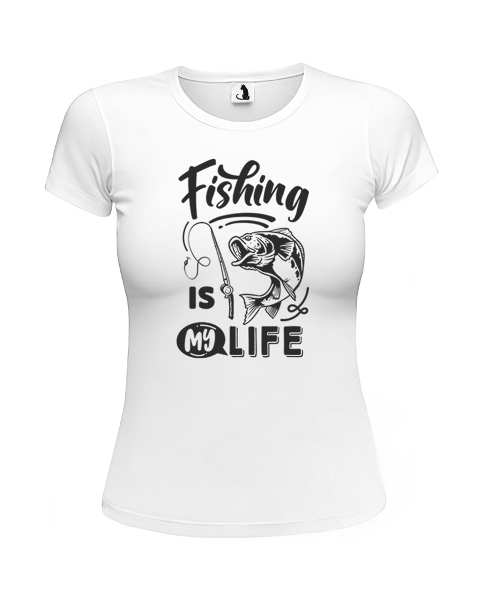 Футболка рыбака Fishing is my life женская приталенная белая с черным рисунком