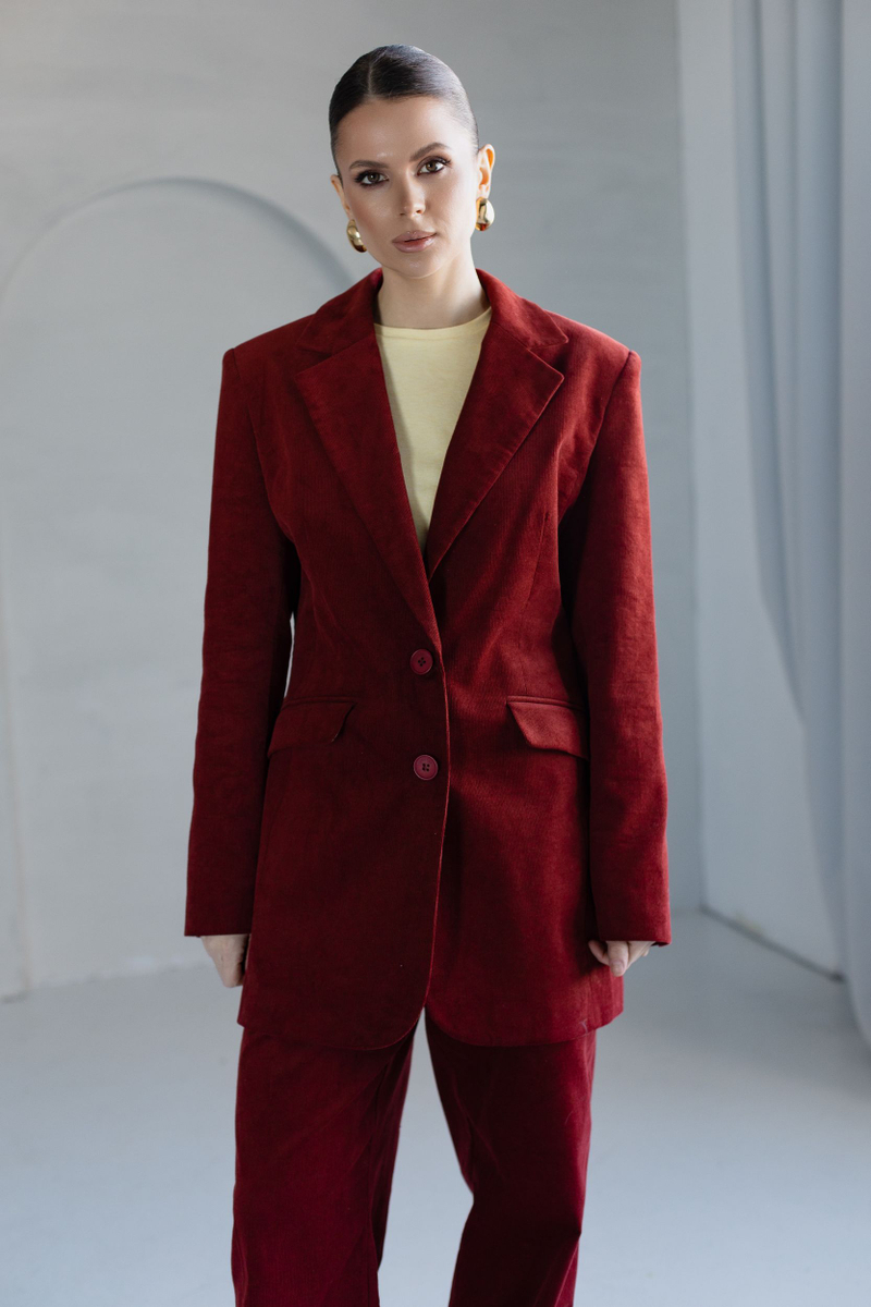 Жакет из вельвета приталенный терракотовый