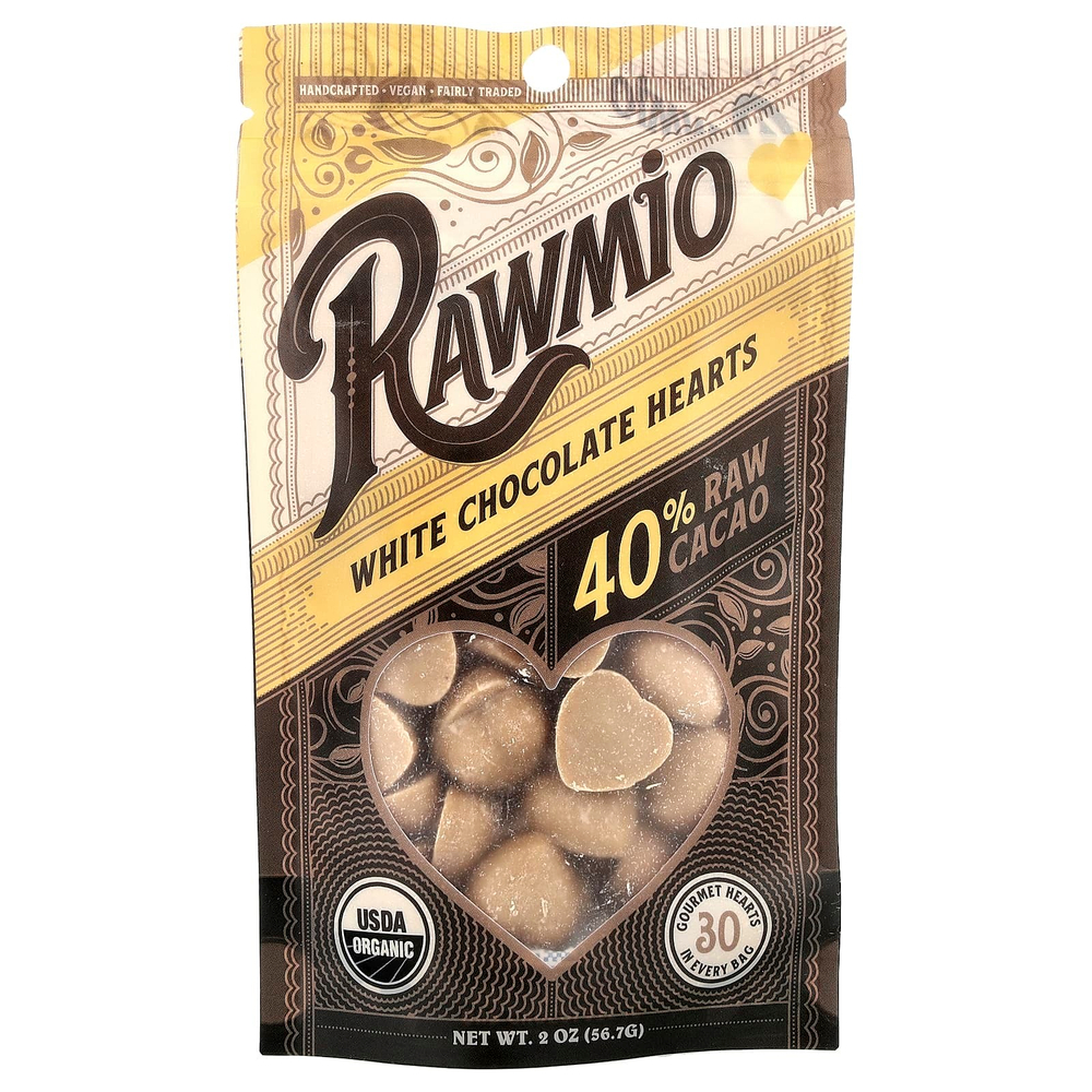 Rawmio, Сердца из белого шоколада, 40% сырого какао, 56,7 г (2 унции)