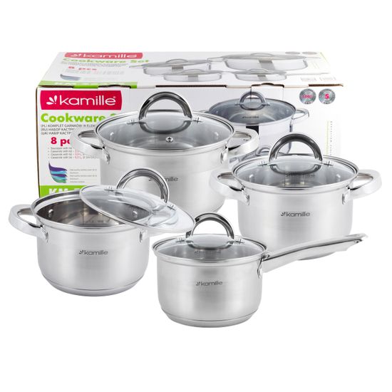 Набор посуды 8 предметов из нержавеющей стали Kamille КМ-5632S (ковш 1,8 л; кастрюли 2,5 л; 3,8 л; 5,8 л)