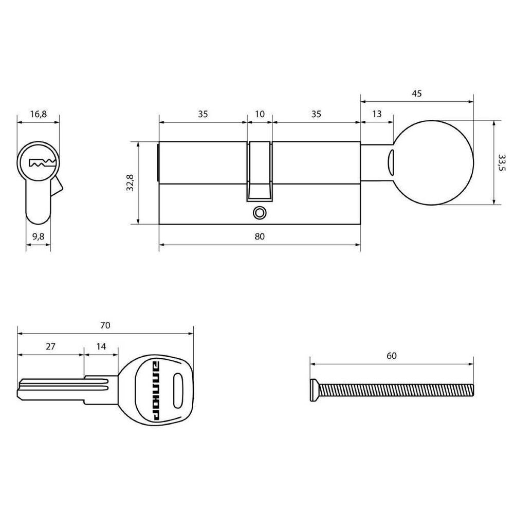 Личинка замка двери Аллюр, HD FG 80-5К CP, 7 820, 80 мм, хром, 5 перф.кл/вертуш