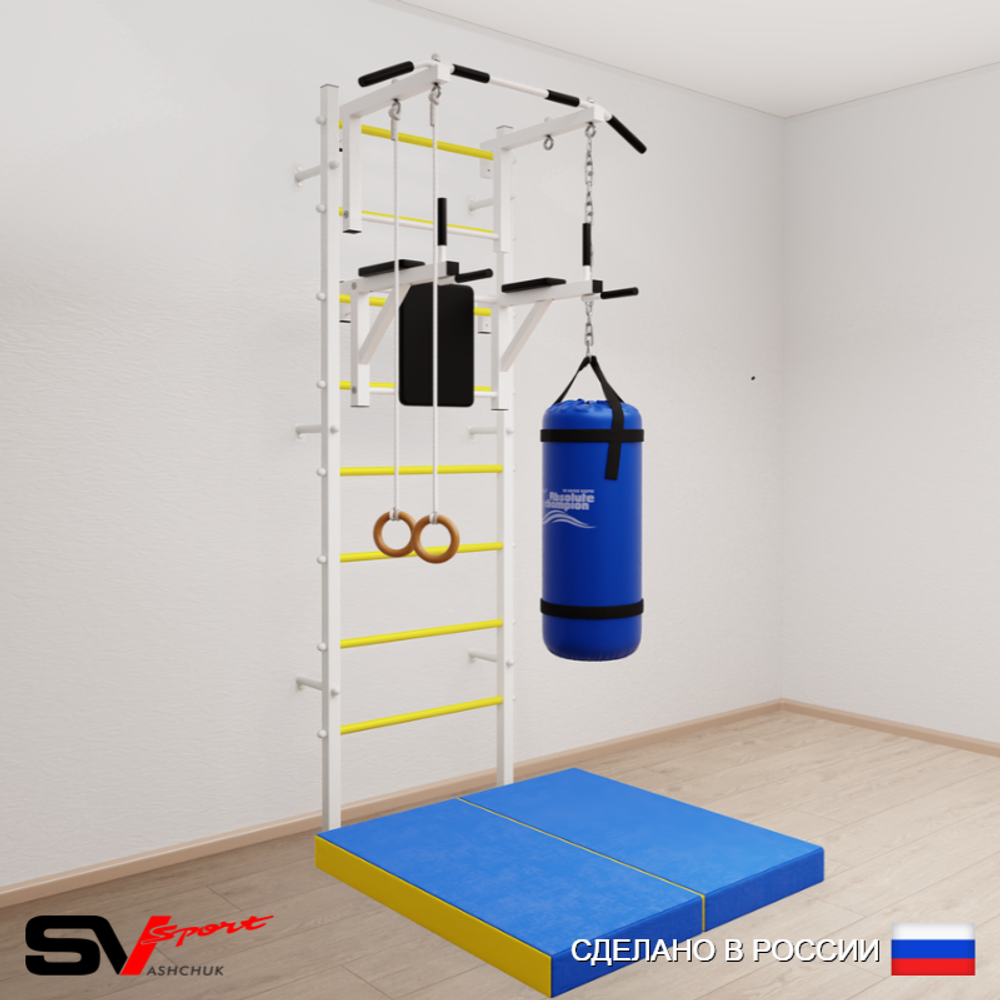 Шведская стенка Sv Sport усиленная 6717 (Турник стандарт/Брусья/Кольца/Цепь/Мешок 30кг/Мат 1м)