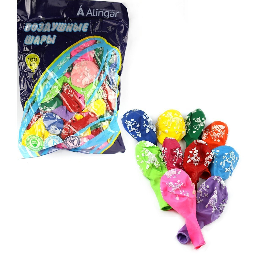 Шар воздушный детский Alingar , №12, "Zoo", ассорти (рисунок африканские звери), 100шт/уп, пакет с европодвесом